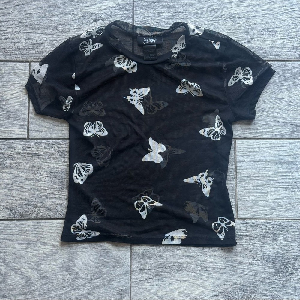womens small sheer short sleeve shirt black butterflies Y2k 90 mesh rave fairy